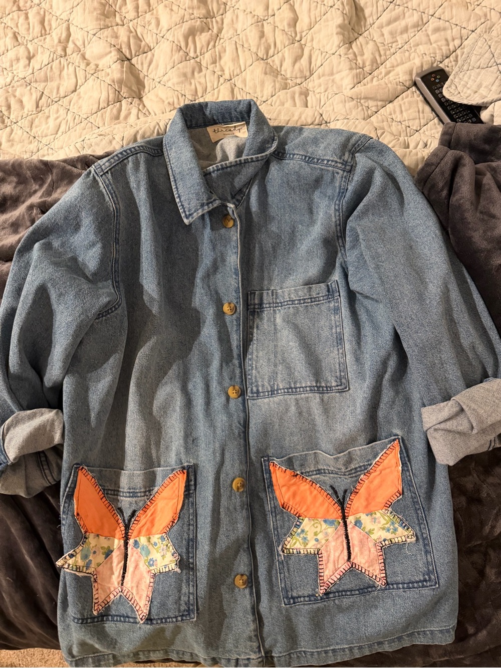 Upcycled Denim Jacket with Patchwork Butterflies on the Pockets - Light Blue